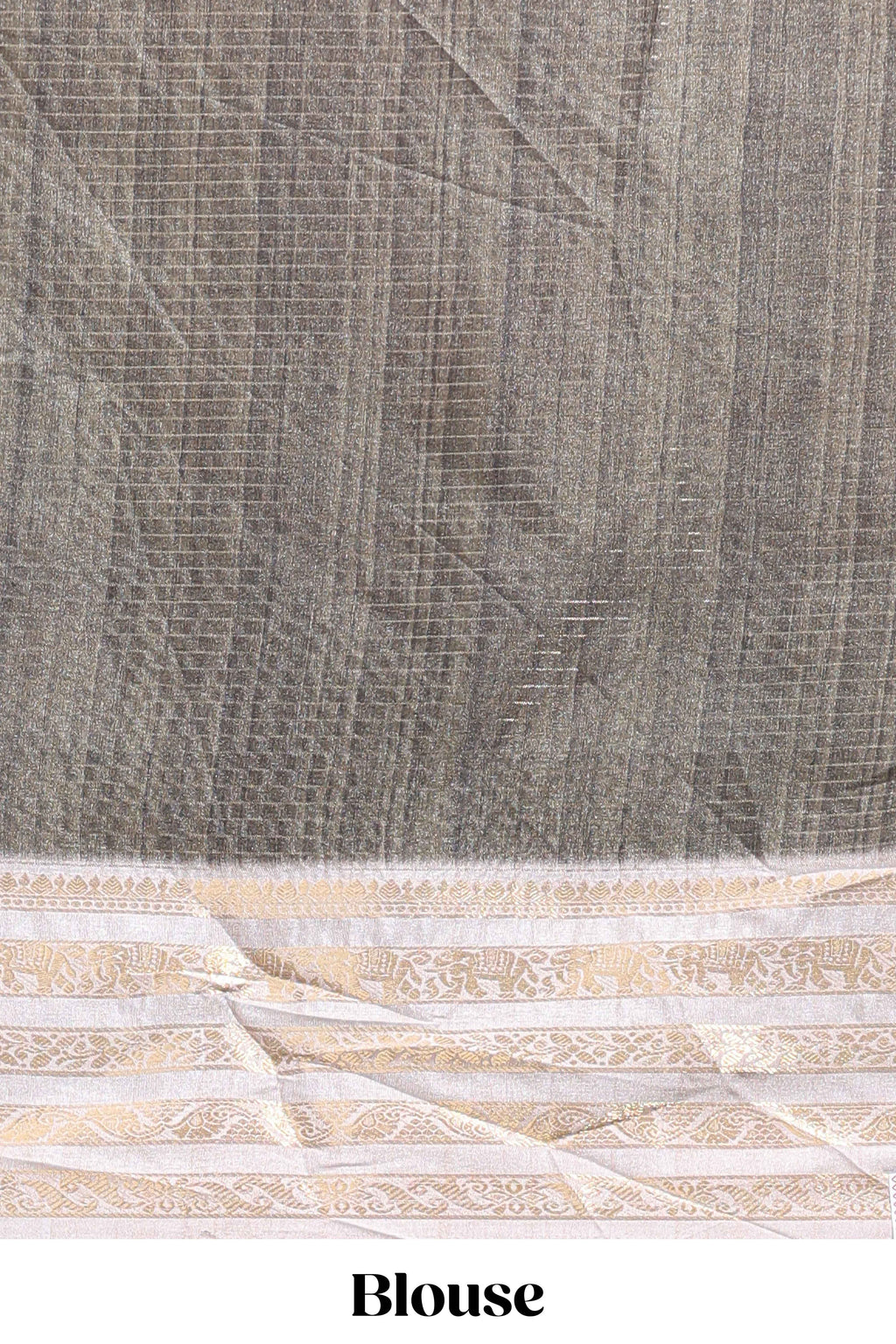 Grey geometric design dola silk saree with  contrast zari border and matching blouse