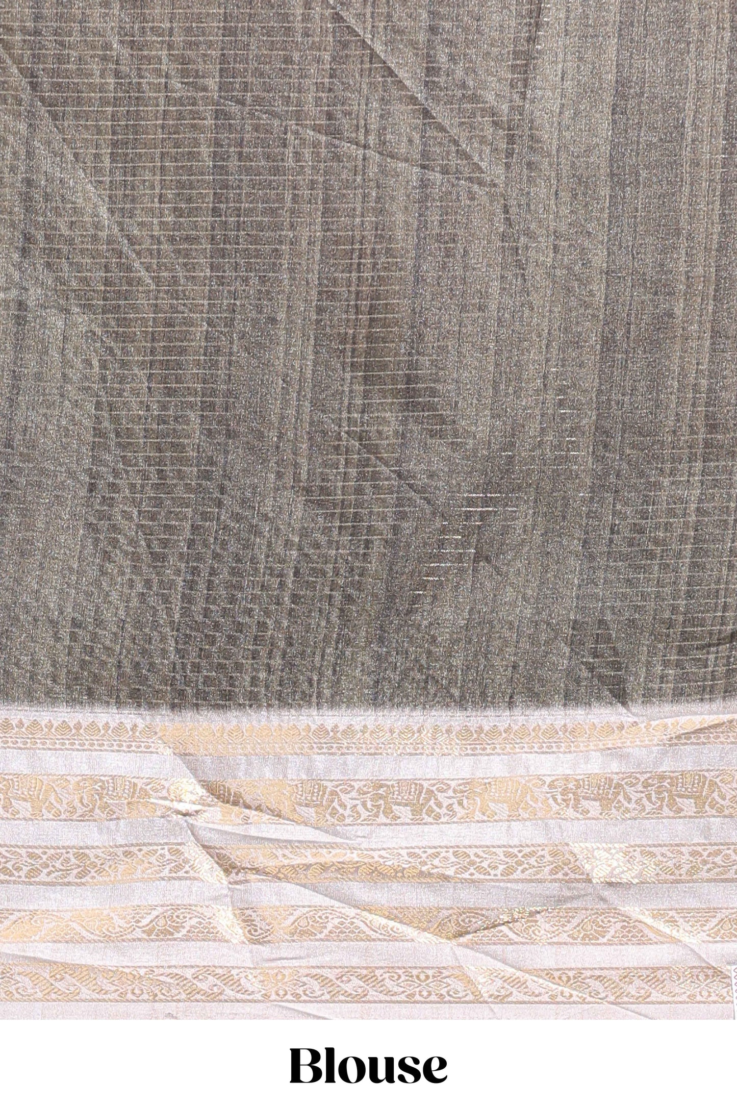 Grey geometric design dola silk saree with  contrast zari border and matching blouse