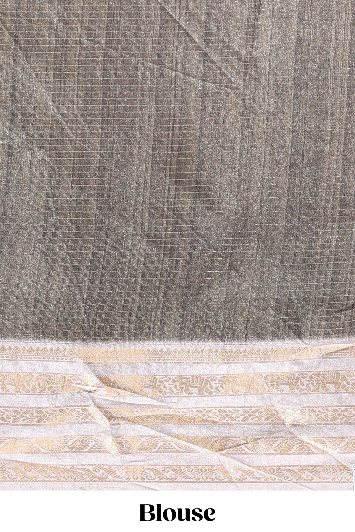 Grey geometric design dola silk saree with  contrast zari border and matching blouse