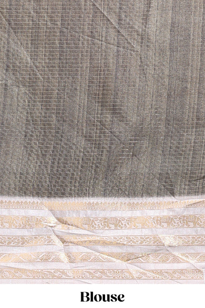 Grey geometric design dola silk saree with  contrast zari border and matching blouse