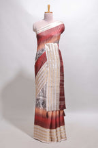 Plum red geometric design dola silk saree with  contrast zari border and matching blouse
