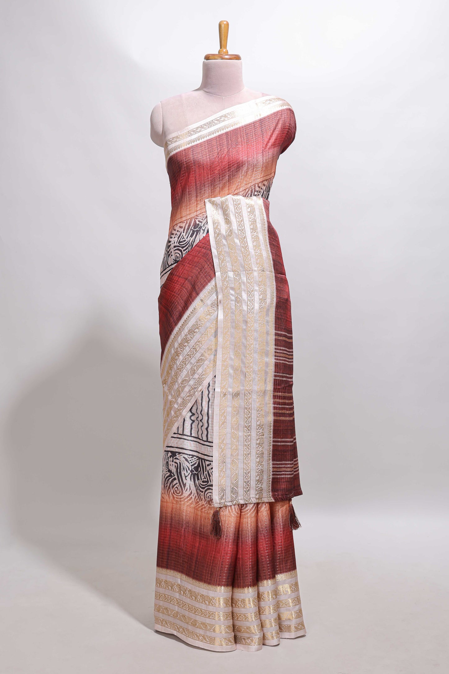 Plum red geometric design dola silk saree with  contrast zari border and matching blouse