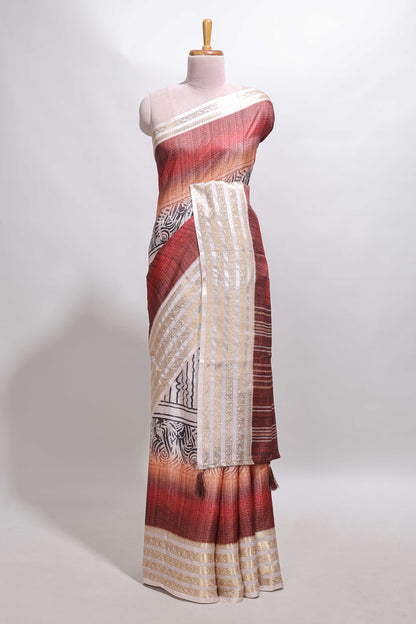 Plum red geometric design dola silk saree with  contrast zari border and matching blouse