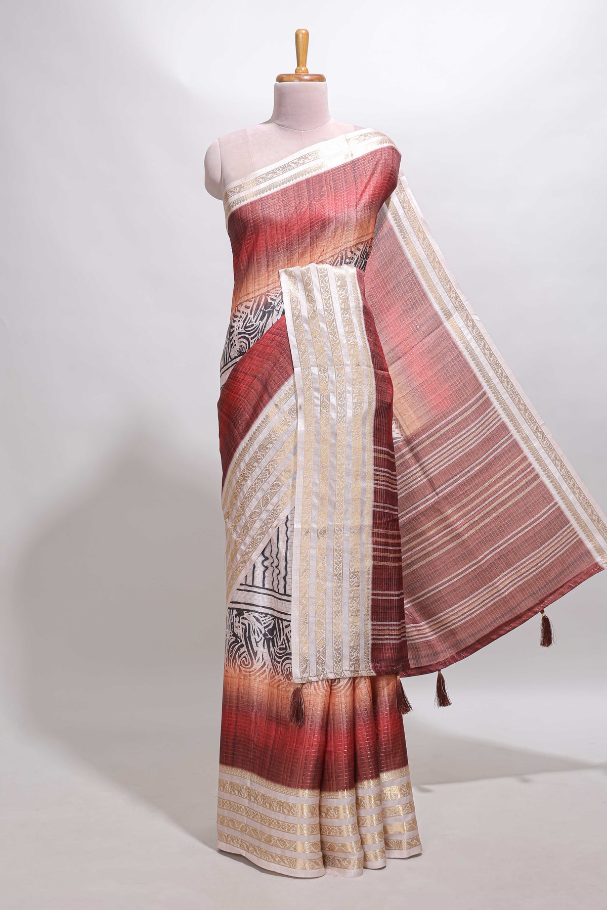 Plum red geometric design dola silk saree with  contrast zari border and matching blouse
