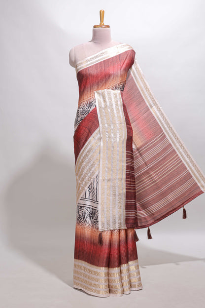 Plum red geometric design dola silk saree with  contrast zari border and matching blouse