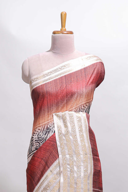Plum red geometric design dola silk saree with  contrast zari border and matching blouse