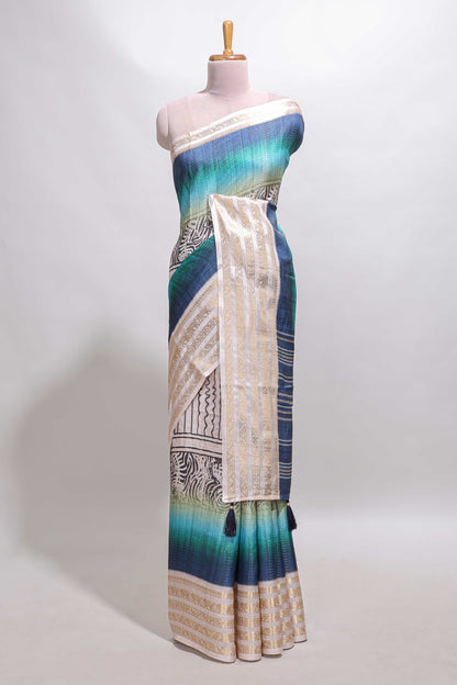Blue geometric design dola silk saree with contrast zari border and matching blouse