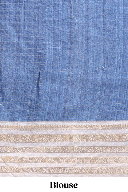 Blue geometric design dola silk saree with contrast zari border and matching blouse