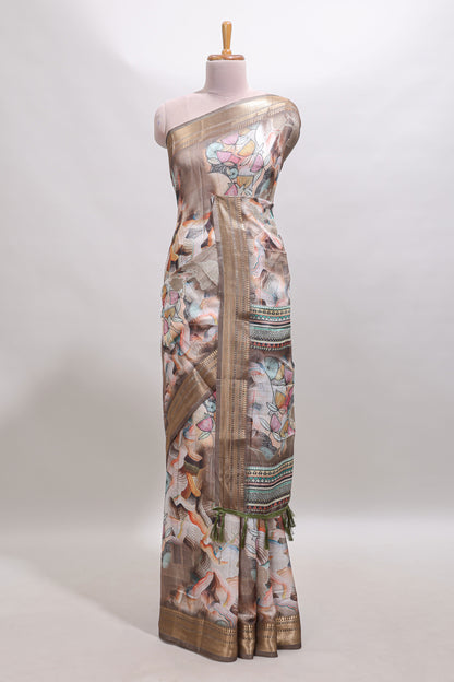 Brown floral design dola silk saree with sellf zari border and matching blouse