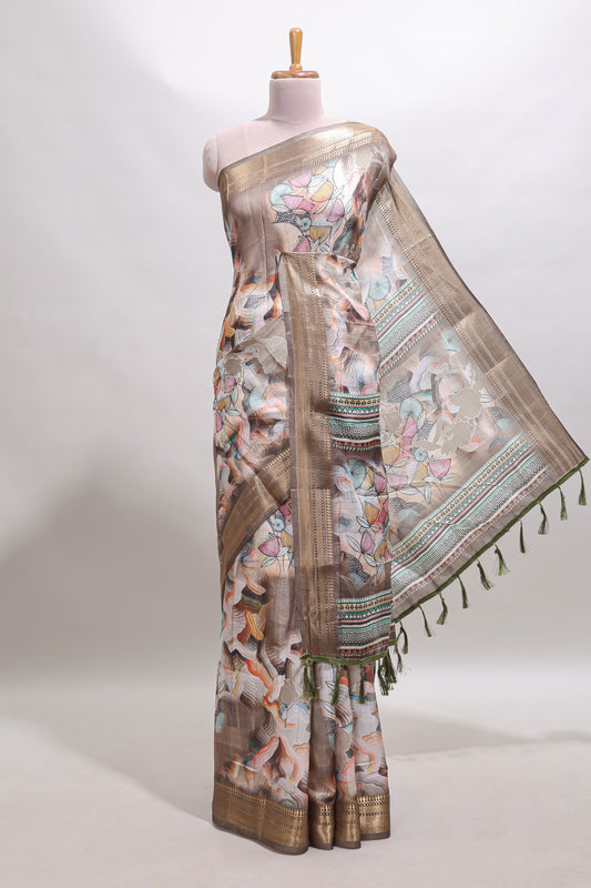 Brown floral design dola silk saree with sellf zari border and matching blouse