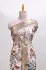 Brown floral design dola silk saree with sellf zari border and matching blouse