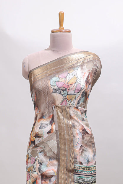 Brown floral design dola silk saree with sellf zari border and matching blouse