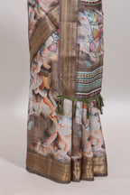 Brown floral design dola silk saree with sellf zari border and matching blouse
