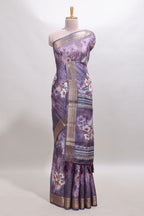 Lavender floral design dola silk saree with sellf zari border and matching blouse