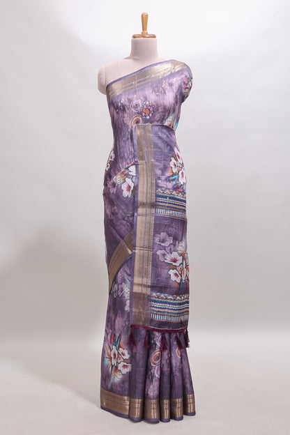 Lavender floral design dola silk saree with sellf zari border and matching blouse
