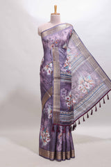 Lavender floral design dola silk saree with sellf zari border and matching blouse