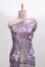Lavender floral design dola silk saree with sellf zari border and matching blouse