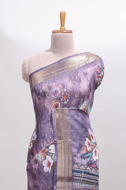 Lavender floral design dola silk saree with sellf zari border and matching blouse