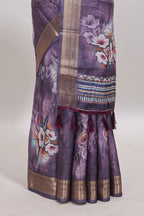 Lavender floral design dola silk saree with sellf zari border and matching blouse