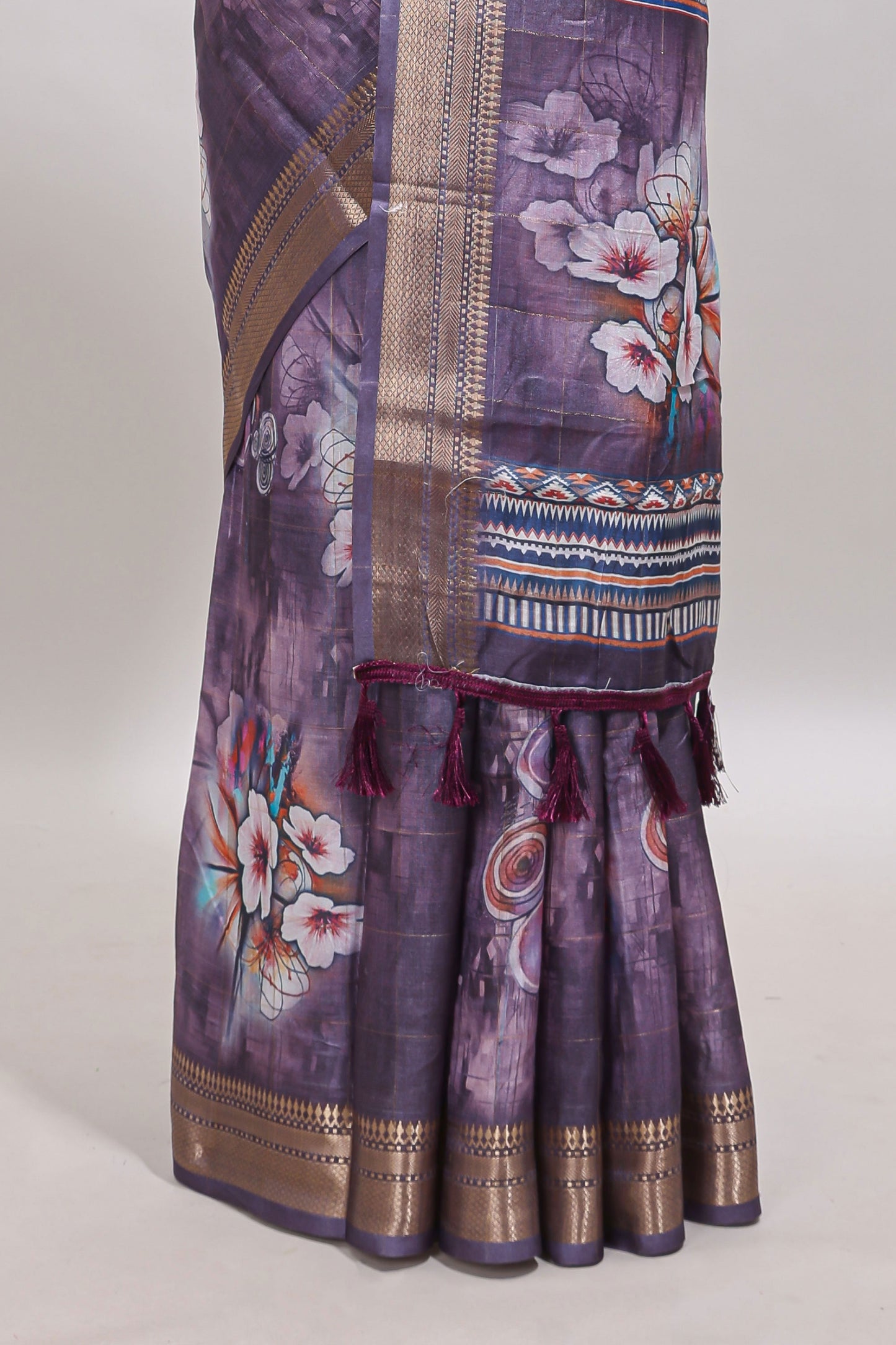 Lavender floral design dola silk saree with sellf zari border and matching blouse