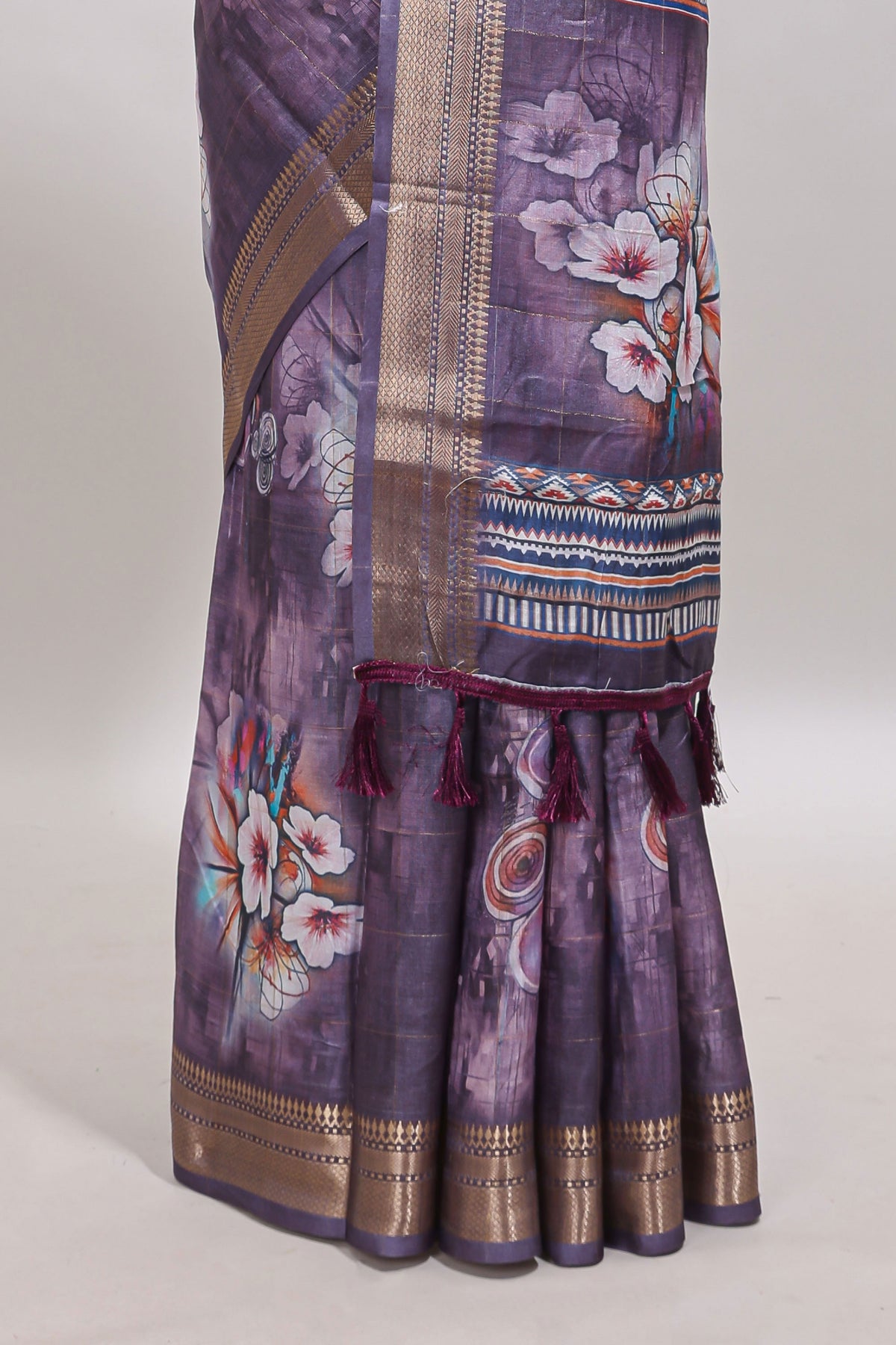 Lavender floral design dola silk saree with sellf zari border and matching blouse