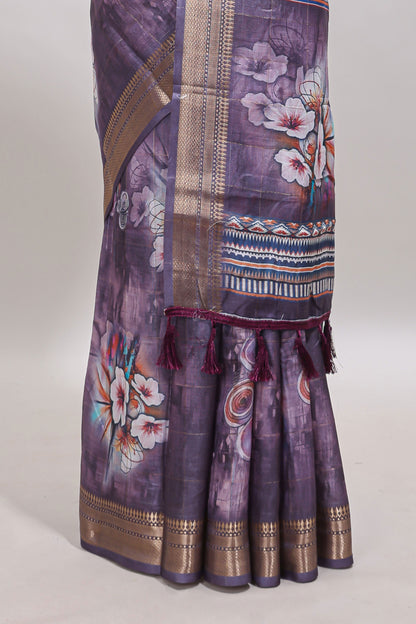 Lavender floral design dola silk saree with sellf zari border and matching blouse