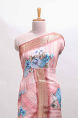 Peach floral design dola silk saree with sellf zari border and matching blouse
