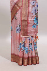 Peach floral design dola silk saree with sellf zari border and matching blouse