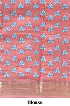 Peach floral design dola silk saree with sellf zari border and matching blouse
