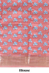Peach floral design dola silk saree with sellf zari border and matching blouse