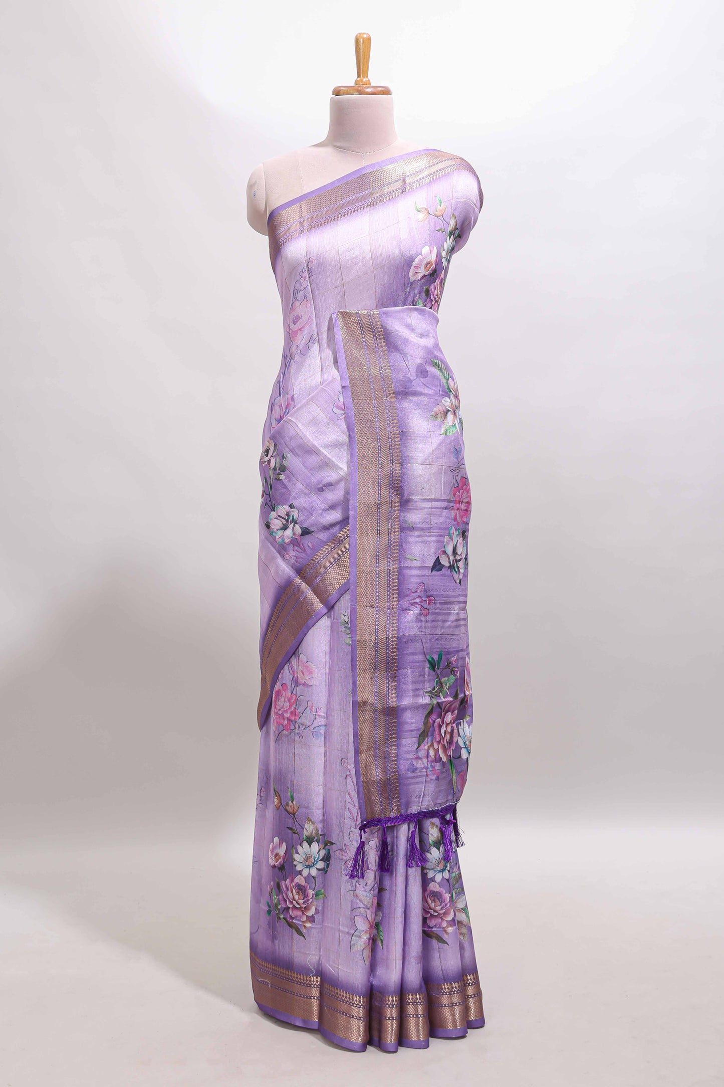 Lavender floral design dola silk saree with sellf zari border and matching blouse