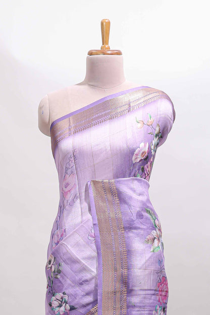Lavender floral design dola silk saree with sellf zari border and matching blouse