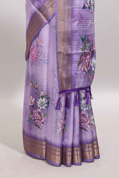 Lavender floral design dola silk saree with sellf zari border and matching blouse