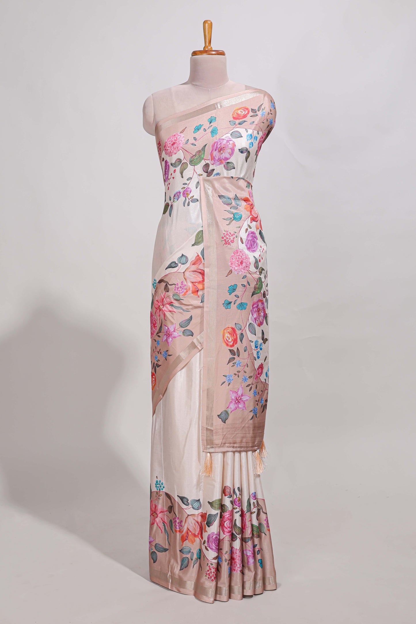 Plain  dola silk saree with floral printed border and plain contrast blouse