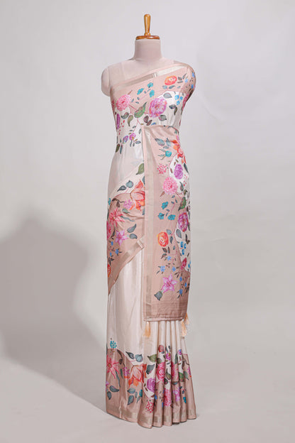 Plain  dola silk saree with floral printed border and plain contrast blouse