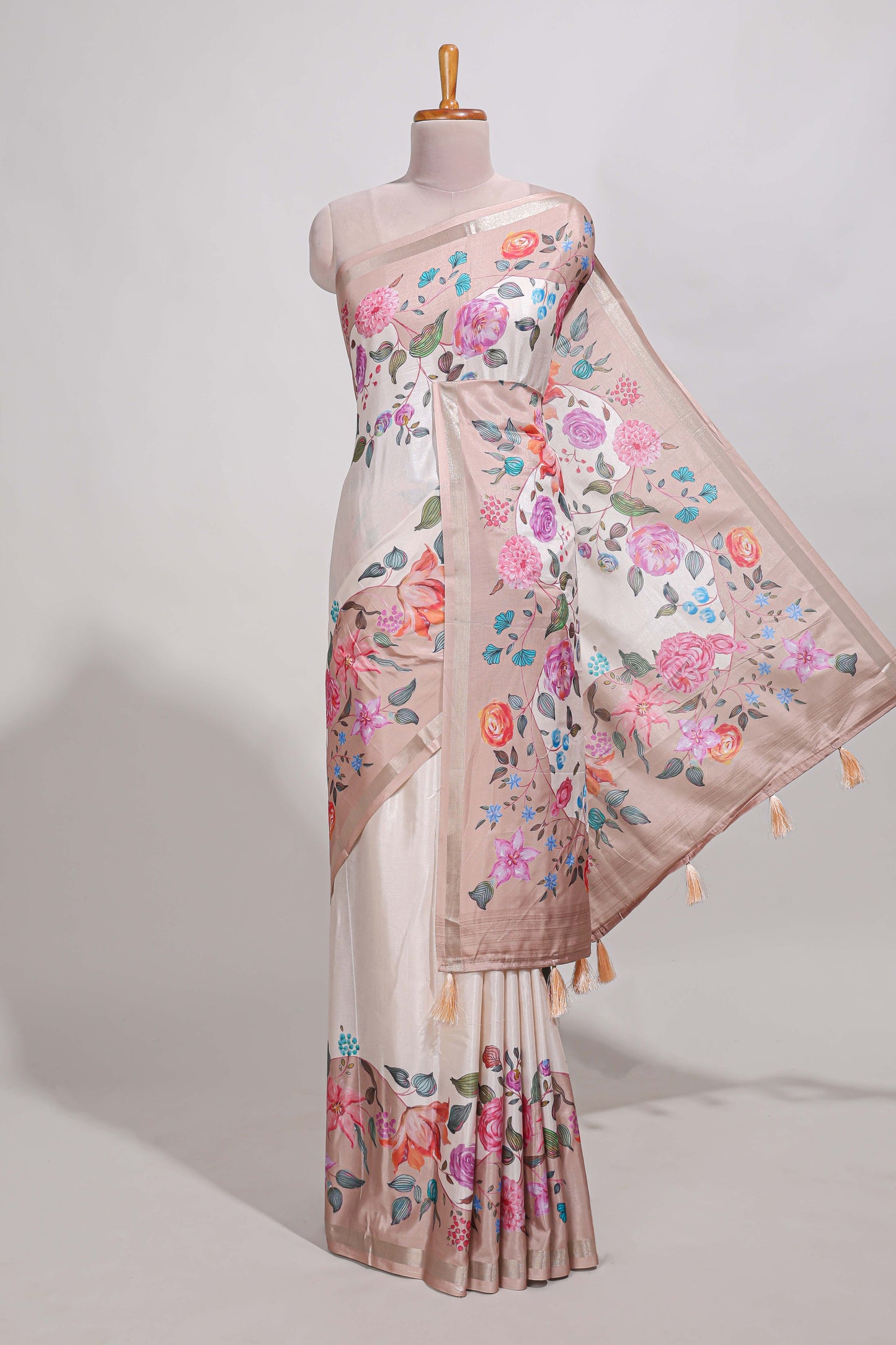 Plain  dola silk saree with floral printed border and plain contrast blouse