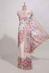 Plaindola silk saree with floral printed border and plain contrast blouse