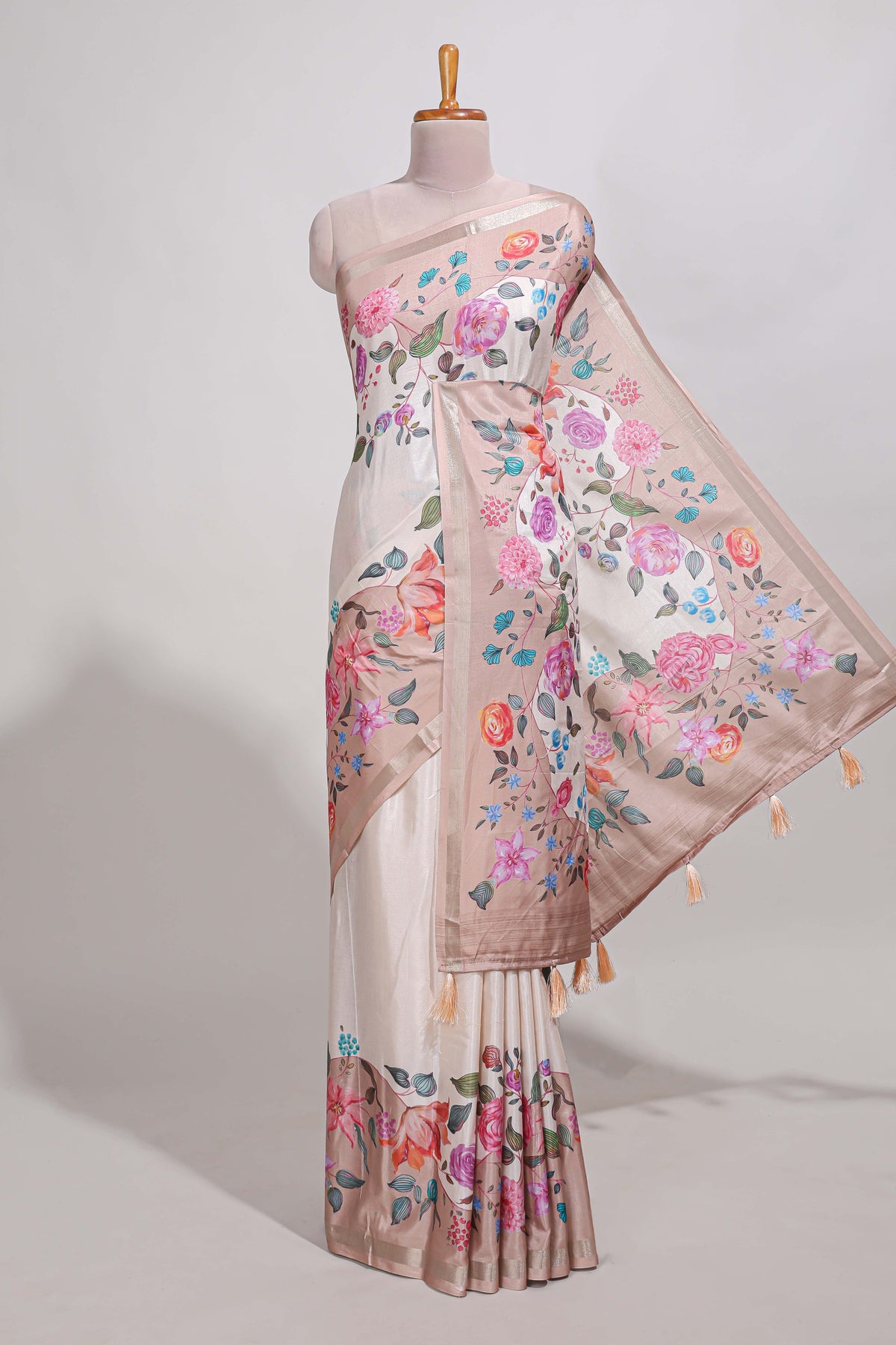 Peach Plain  dola silk saree with floral printed border and plain contrast blouse