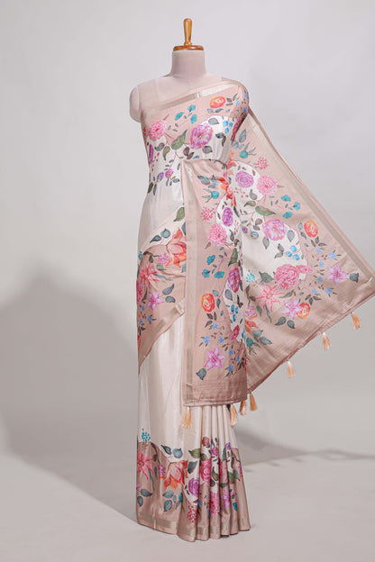 Plain  dola silk saree with floral printed border and plain contrast blouse