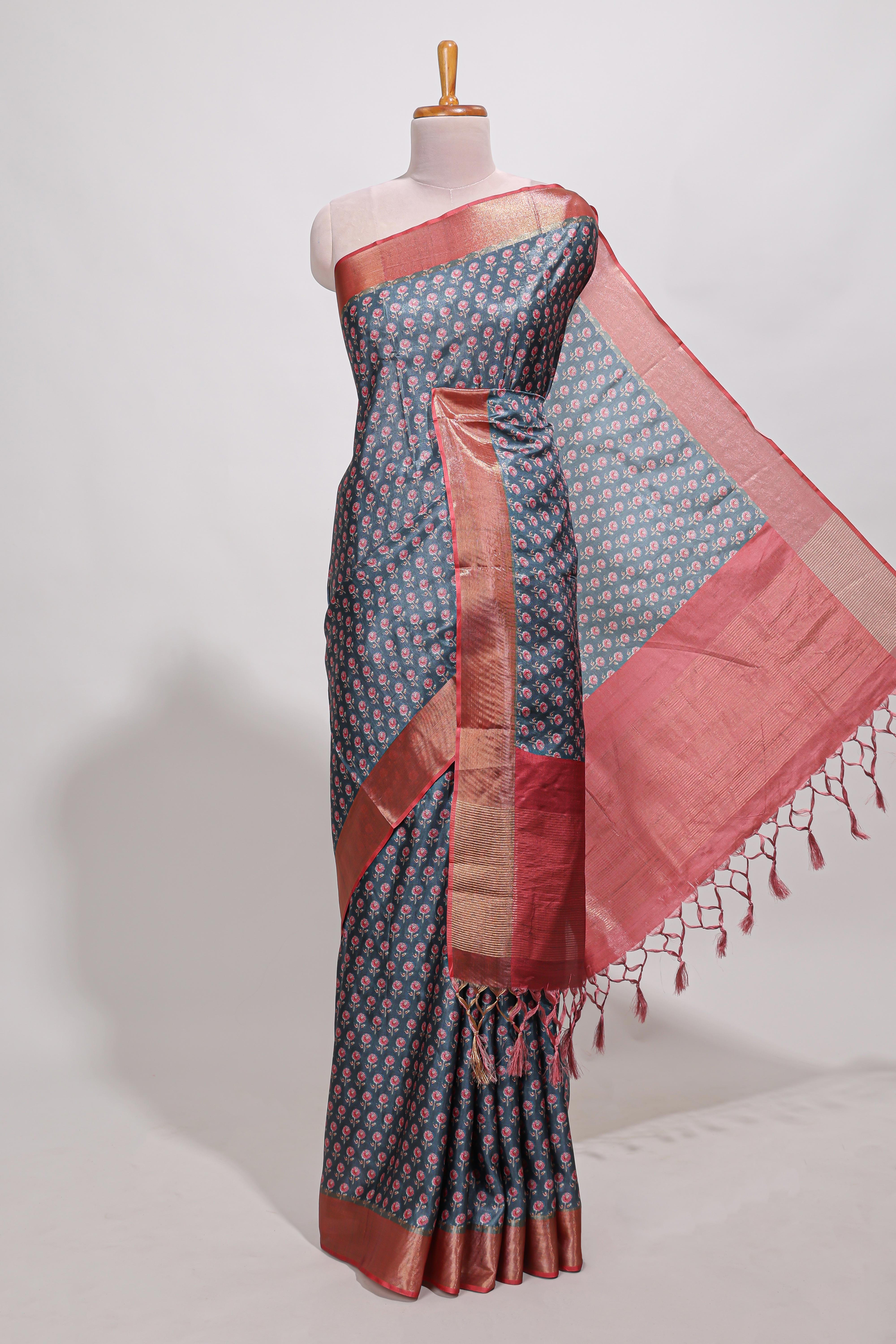 Steal blue dola silk saree with contrast coper gold zari border and contrast blouse
