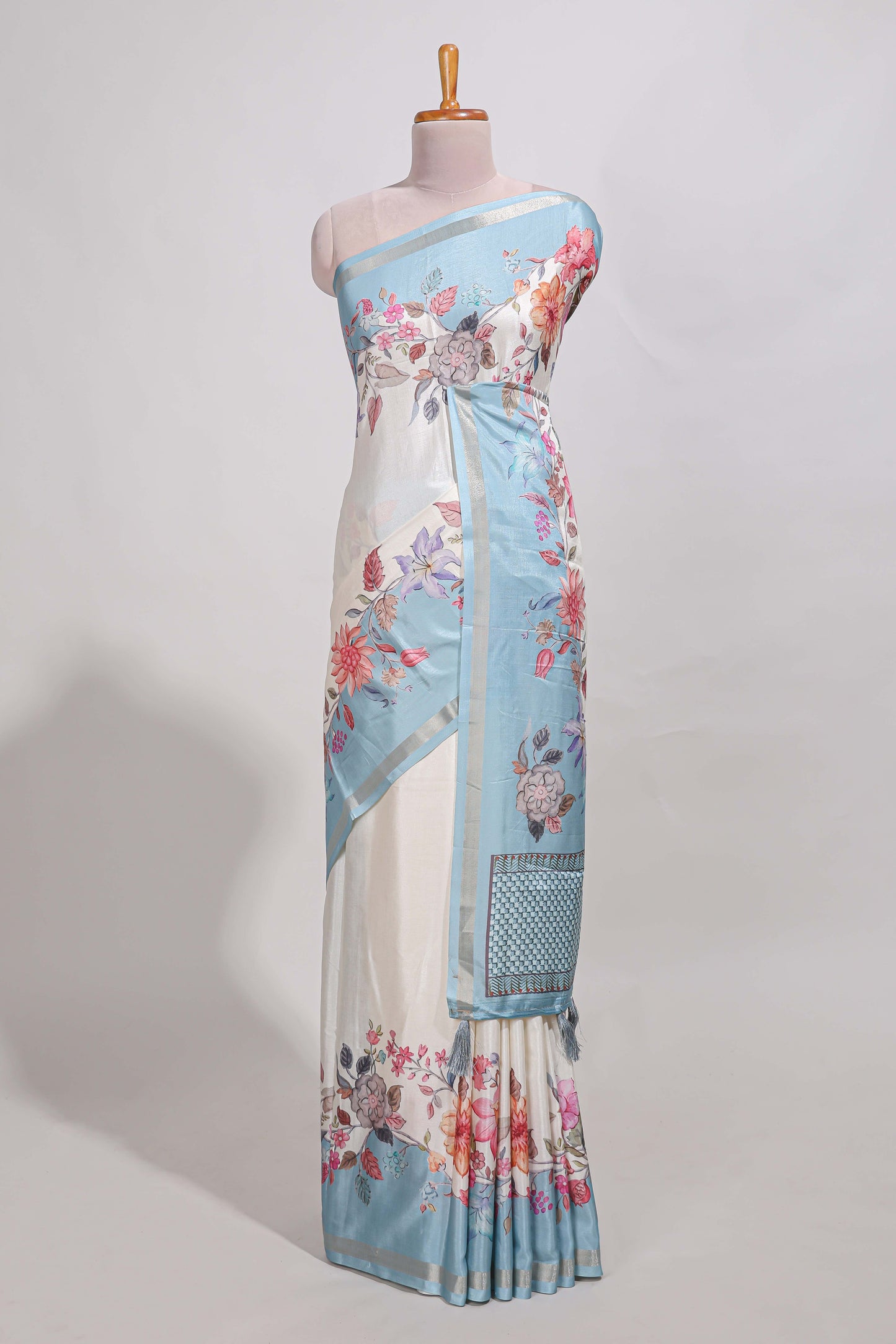 Plain  dola silk saree with floral printed border and plain contrast blouse