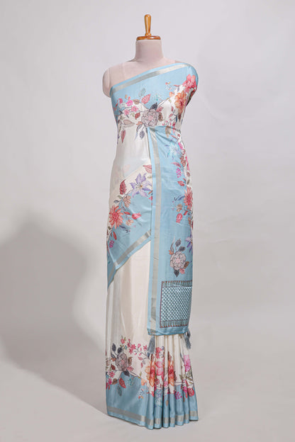 Plain  dola silk saree with floral printed border and plain contrast blouse