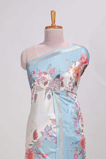 Plain  dola silk saree with floral printed border and plain contrast blouse