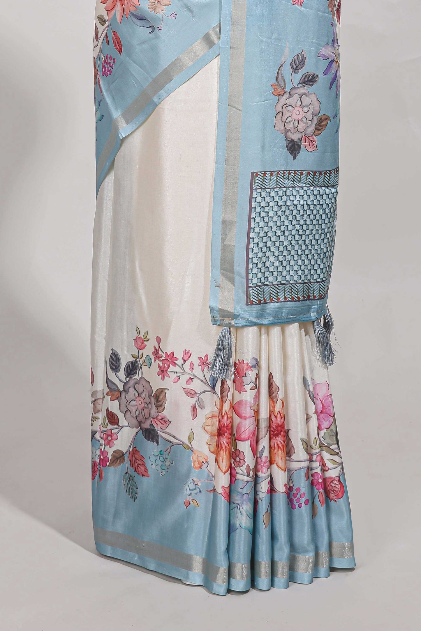 Plain  dola silk saree with floral printed border and plain contrast blouse