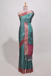 Bottle green dola silk saree with contrast coper gold zari border and contrast blouse