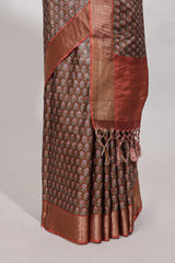 Brown dola silk saree with contrast coper gold zari border and contrast blouse