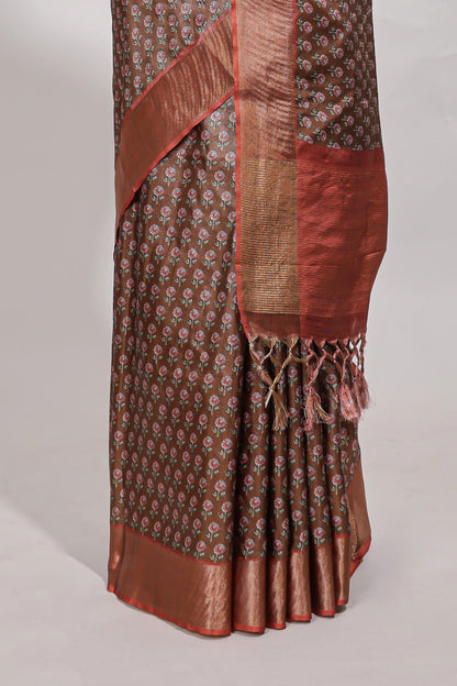 Brown dola silk saree with contrast coper gold zari border and contrast blouse