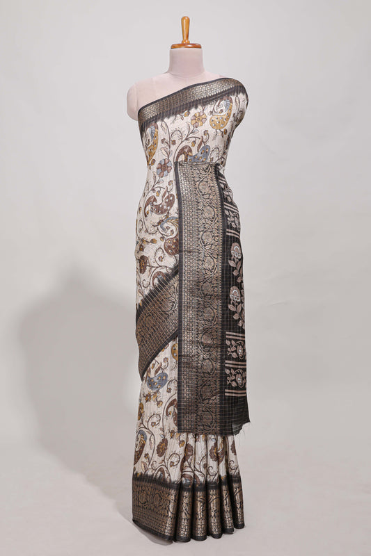 Dola silk saree all over  crepe floral printed  design with copper zari border and pallu