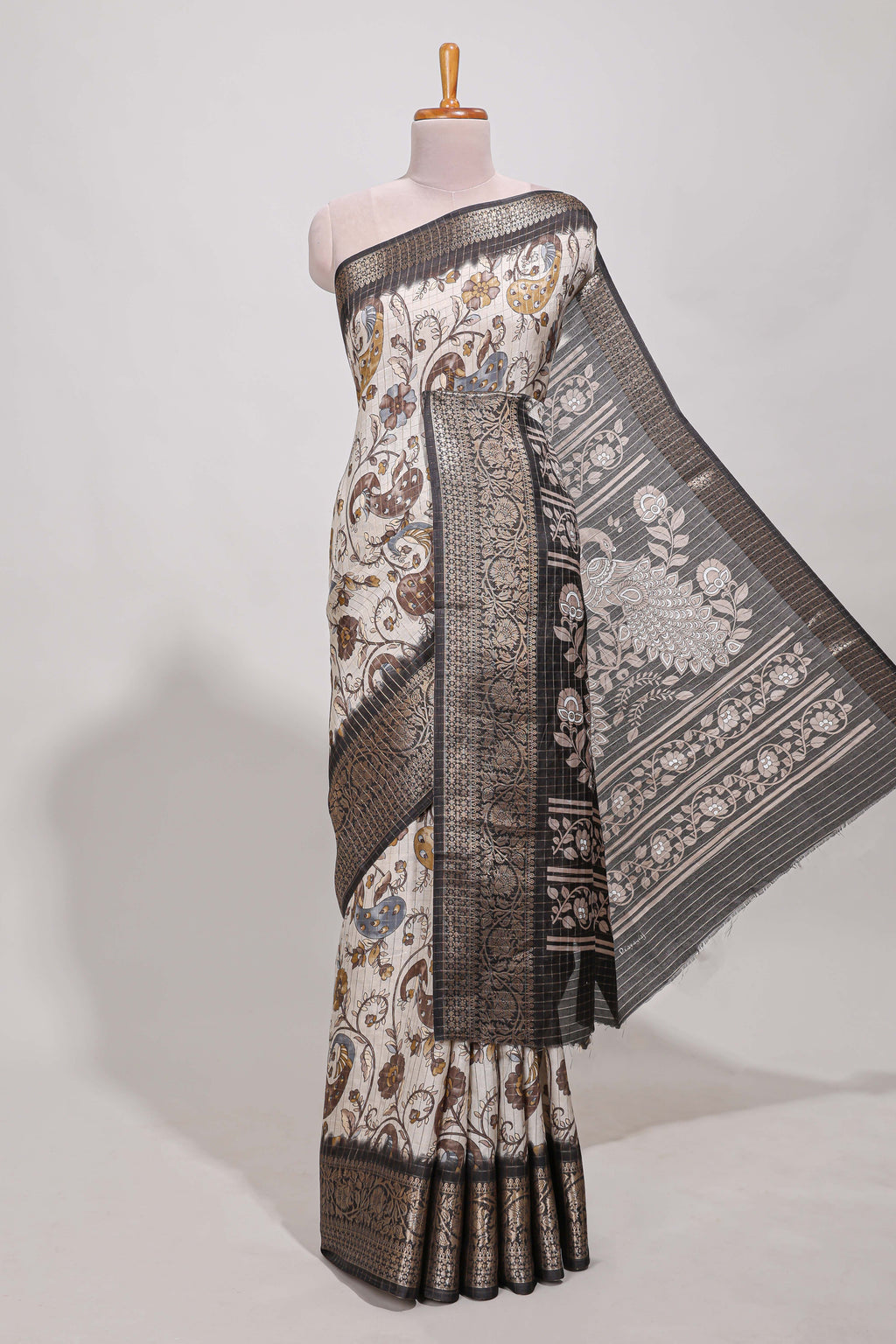 Dola silk saree all over  crepe floral printed  design with copper zari border and pallu