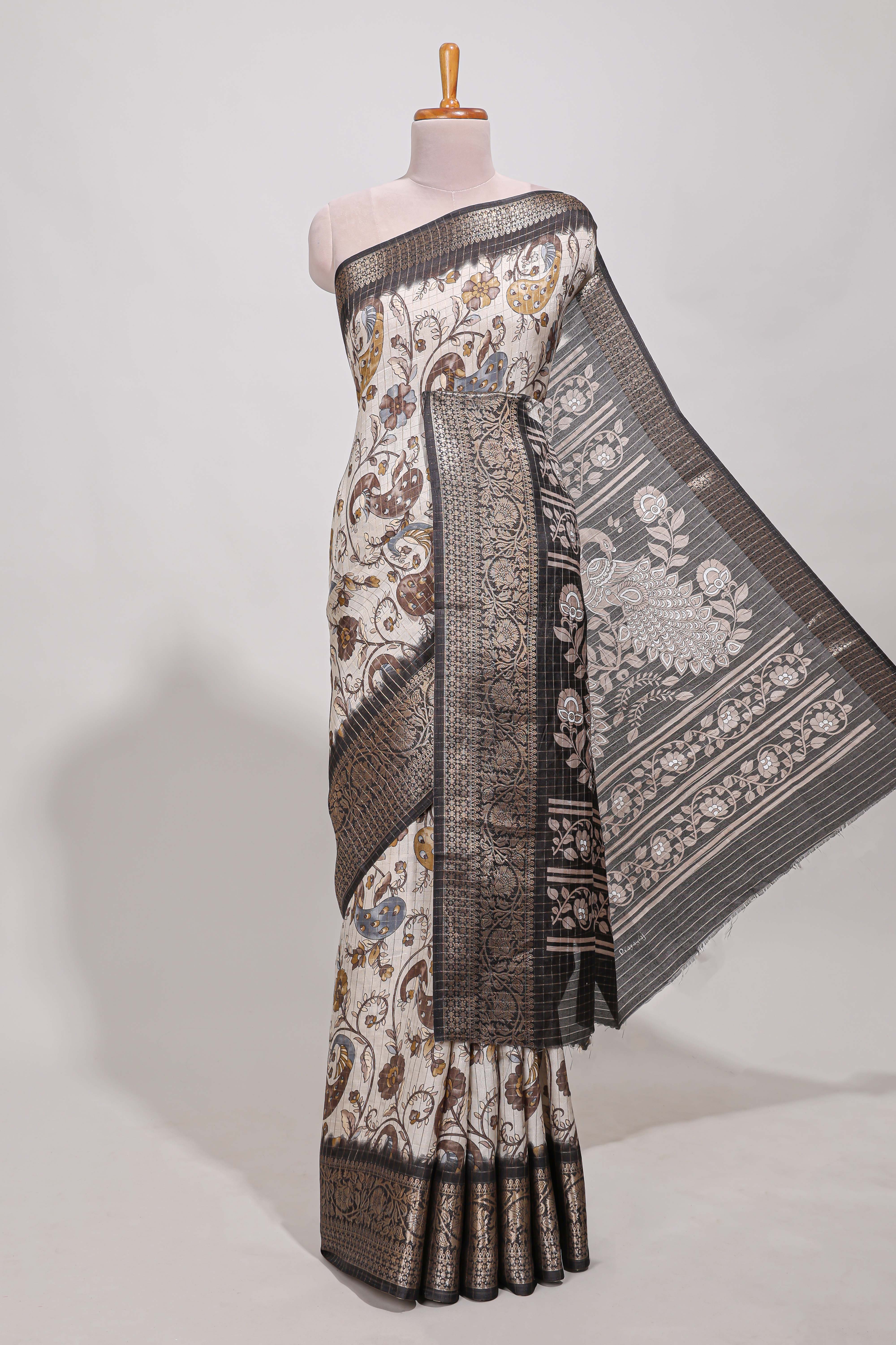 Dola silk saree all overcrepe floral printeddesign with copper zari border and pallu